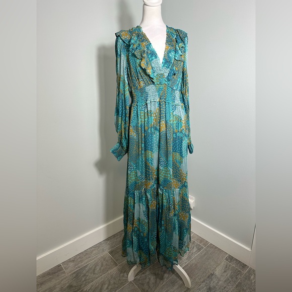 NEW Anthropologie The Odetta Ruffled V-Neck‎ Maxi LS flowy Dress Teal Size  M - Picture 4 of 17